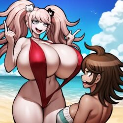 2girls ai_generated beach big_breasts cow-ede_akamatsu danganronpa huge_breasts junko_enoshima owari_akane sling_bikini smug tagme