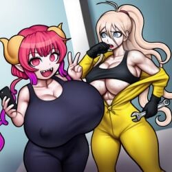 2girls ai_generated alternate_costume cow-ede_akamatsu crossover danganronpa huge_breasts ilulu_(dragon_maid) iruma_miu miss_kobayashi's_dragon_maid selfie shortstack tagme