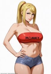 ai_generated blank_background english_text samus_aran short_shorts solo strapless_top