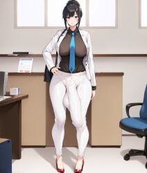 1futa 1futanari ai_generated black_hair blue_tie bulge bulge_down_leg deepdark_fantasy514 futanari futanari tagme tie white_pants