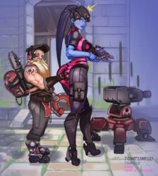 ass ass_grab blue_skin female male overwatch standing torbjörn tumtumisu widowmaker