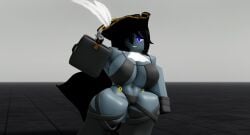 1girls 3d anon_dez baseplate belly_button big_breasts bikini black_hair blue_eyes blue_skin breasts cape cleavage crimstuff female female_only flintlock gloves grey_bikini grey_legwear gun hair_covering_eye hat legwear pirate pirate_girl pirate_hat pointing_gun_at_viewer roblox robloxian short_hair solo standing stomach thick_thighs thighs