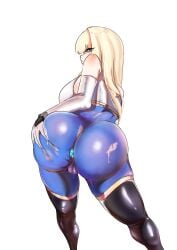 absurdres anal anal_object_insertion ass ass_focus black_boots blonde_hair bloom blue_eyes blue_gemstone bodysuit boots breasts brown_dust_(series) brown_dust_2 cameltoe closed_mouth cropped_jacket deep_skin deliriumz elbow_gloves female from_behind gem gloves grabbing_own_ass highres huge_ass jacket large_breasts long_hair looking_at_viewer looking_back object_insertion pussy_juice shadow simple_background skin_tight solo thigh_boots white_background white_gloves white_jacket wilhelmina_(brown_dust)