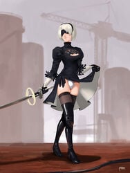 1futa ball_bulge balls balls_in_panties balls_under_clothes blindfold boots bulge dickgirl dress dress_lift flaccid full_length futa_only futanari intersex nier nier:_automata panties panty_bulge penis penis_bulge penis_in_panties penis_under_clothes pozer short_hair solo standing sword thigh_boots thighhighs weapon white_hair yorha_2b