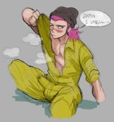 1boy blush bulge bulge_through_clothing bulge_under_clothes clothed clothing danganronpa danganronpa_(series) danganronpa_2:_goodbye_despair kazuichi_souda male_only musk musk_clouds nipples nipples_visible_through_clothing partially_clothed pinecone_chicken pink_hair precum_through_clothing solo souda_kazuichi wet_clothes wet_clothing wet_spot