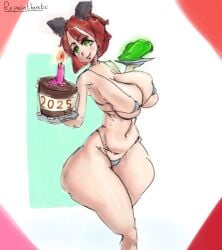 1girls 2025 artwork_(digital) big_ass big_breasts bikini cake carrying_object cat_ears cat_girl catgirl color colored commission green_eyes ibispaintx jello kemonomimi monster_girl new_year pinup plates red_hair red_hair redhead_female repaintheretic serving_food simple_background sketch voluptuous_female