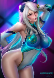 1girls ass belly breasts covered_breasts dominance elbow_gloves empress_(publisher) female female_only gloves high_resolution hips iriza iriza_(dominance) large_breasts legs leotard lolliedrop long_hair navel red_eyes silver_hair solo thighs very_long_hair white_hair