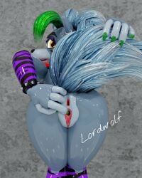 2025 3d_(artwork) 4_fingers animatronic anthro black_nose breasts canid canine canis claws clothed clothing digital_media_(artwork) ear_piercing ear_ring eyebrows female fingers five_nights_at_freddy's five_nights_at_freddy's:_security_breach glistening glistening_body green_claws green_highlights grey_hair hair hi_res highlights_(coloring) lipstick looking_at_viewer lordwolf machine makeup mammal piercing pointy_ears prick_ears purple_lipstick ring_piercing robot roxanne_wolf scottgames solo steel_wool_studios wolf yellow_eyes