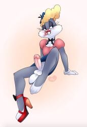 1boy 2d 3_toes anthro artist_logo blush bodily_fluids bottomwear bugs_bunny canon_crossdressing clothed clothing crossdressing dress drooling feet femboy footwear genitals half-closed_eyes hi_res high_heels lagomorph leporid looney_tunes male male_only mammal minxydoodle narrowed_eyes no_panties no_underwear open_toe_shoes penis precum rabbit saliva shoes skirt solo the_looney_tunes_show toes warner_brothers