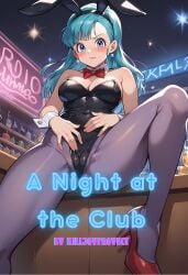 1girls ai_generated blue_eyes blue_hair bulma_briefs bunny_ears bunnysuit cameltoe comic dragon_ball dragon_ball_z embarrassed female female_focus female_only killjoyproject looking_at_viewer nightclub tagme