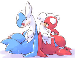 1boy 1girls blush cum cum_on_penis dragon duo female furry latias latios legendary_pokemon male masturbation nettsuu nintendo open_mouth penis pokemon pokemon_(species) pokemon_rse red_eyes simple_background sweat video_games white_background yellow_eyes