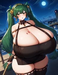 ai_generated chestnut_mouth city cosplay cowboy_shot dutch_angle gigantic_breasts holding_weapon hyper hyper_breasts moon qingyi_(zenless_zone_zero) spy_x_family stable_diffusion thick_thighs v-shaped_eyebrows wide_hips yor_briar yor_briar_(cosplay) yor_forger zenless_zone_zero