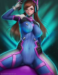 1girls ass_visible_through_thighs blizzard_entertainment bodysuit breasts brown_eyes brown_hair d.va facepaint facial_mark female female_only headphones highres lolliedrop long_hair medium_breasts overwatch pilot_suit shoulder_pads solo whisker_markings