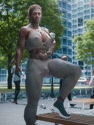 3d amaya_tahan bulge bulge_through_clothing dark-skinned_futanari dark_skin erect_nipples futa_focus futanari muscular muscular_futanari nipple_bulge public slop_art solo_focus