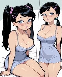 ai_generated bangs black_hair blue_eyes blush breasts cleavage eyeshadow female glasses hairclip lips makeup nerd nerdy nerdy_female nightgown panties sitting stable_diffusion teen teen_girl teenage_girl teenager twintails