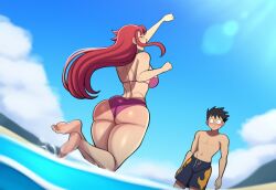 1boy 1girls alien_girl ass beach bikini bikini_bottom bikini_top black_hair blush dc dc_comics dick_grayson digital_art eyes_wide_open female koriand'r male not_ai_generated ocean red_hair red_hair_female robin_(dc) robin_(dick_grayson) starfire swimming_trunks teen_titans thebenravenagenda