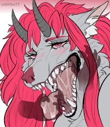 absurd_res anthro blush canid canine canis claws daria_braus_(nick_stalker1) digital_drawing_(artwork) digital_media_(artwork) dragon female hair hi_res horn hybrid lerkodtt mammal mouth_shot mythological_creature mythological_scalie mythology open_mouth pink_hair scalie shy slime solo tongue tongue_out wolf zs410