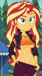 ai_generated areola_slip autismmix_confetti_(model) clothes_pull colored_skin covered_nipples equestria_girls female green_eyes jacket long_hair marusame medium_breasts multicolored_hair my_little_pony necklace no_bra no_panties orange_skin outdoors pants public_indecency pulling_down_pants pussy pussy_peek shirt show_accurate smile stable_diffusion sunset_shimmer teeth underboob