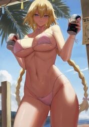 1girls 2024 belly belly_button blonde_hair blue_eyes braided_hair braided_ponytail eyebrows_visible_through_hair fate/apocrypha fate/grand_order fate_(series) holding_drink holding_object jeanne_d'arc_(fate) jeanne_d'arc_(swimsuit_archer) kakeku looking_at_viewer outdoors ponytail sky solo solo_female solo_focus sweat swimsuit