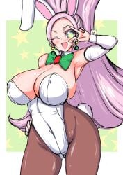 aged_up ass_visible_through_thighs big_ass big_breasts bunny_ears bunnysuit cure_parfait hand_on_hip huge_breasts kinokoutarou kirahoshi_ciel kirakira_precure_a_la_mode peace_sign precure pretty_cure wink