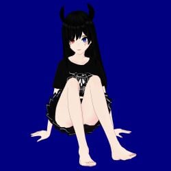 ashley_roquefort ashleyvt92 black_hair blue_eyes clothing feet heterochromia horns legs no_panties red_eyes red_nails