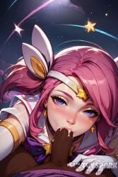 1boy 1girls blowjob cum cum_in_mouth dark-skinned_male league_of_legends looking_at_viewer luxanna_crownguard pink_hair pov riot_games star_guardian_lux star_guardian_series white_skin