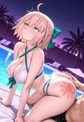 ai_generated beige_hair big_breasts blowjob blowjob_face cumming cumming_in_mouth cupping_hands fate/grand_order fate_(series) fujimaru_ritsuka_(male) okita_souji_(fate)_(all) yellow_eyes.