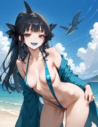 ai_generated artemis_of_the_blue atelier_live beach black_hair blue_tongue indie_virtual_youtuber ponytail shark_girl sling_bikini slingshot_swimsuit swimsuit virtual_youtuber vtuber