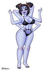 5_eyes anthro big_breasts fangs female fishnets hand_on_hip hands_behind_head monster_girl muffet nyctoniac simple_background spider_girl spider_web temptation thick_thighs undertale undertale_(series) underwear watermark white_background