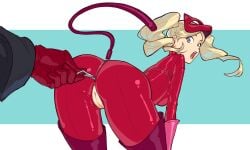 1boy ann_takamaki anus ass assisted_exposure blonde_hair blue_eyes bodysuit breasts catsuit cleft_of_venus female from_behind gloves highres latex latex_bodysuit latex_gloves looking_at_another looking_back mask mask_on_head medium_breasts open_mouth persona persona_5 phantom_thief_suit pussy ren_amamiya solo_focus straight suoiresnu tail twintails uncensored unzipped unzipping zipper zipper_pull_tab