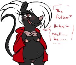 2017 anthro areola belly big_belly blush breasts button claws clothing dialogue disney english_text fan_character female hair hair_over_eye hand_on_breast hoodie hugh_muskroura inkyfrog mammal nipples open_hoodie open_mouth open_smile pregnant pussy red_eyes rule_63 simple_background skunk small_breasts smile solo sweat sweatdrop text white_background zootopia