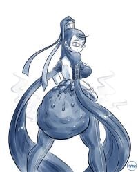 bayonetta bayonetta_(character) black_and_white diaper fully_clothed hyrosdiaperdivas messy_diaper platinum_games scat shit shitting stinky