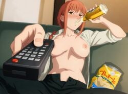 1girls alcoholic_drink almost_naked areolae beer belly_button black_panties blush blushing bottle braided_ponytail breasts chainsaw_man chips_(food) drinking female light-skinned_female living_room makima_(chainsaw_man) ponytail red_hair sofa solo solo_female solo_focus tv_remote unbuttoned_pants unbuttoned_shirt vaamos vaamosai yellow_eyes