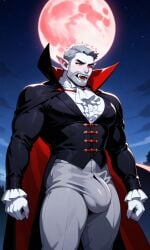 ai_generated beard bulge bulge_under_clothes cape clothed clothing corset dracula fangs fangs_out full_moon fully_clothed glowing_eyes gray_hair hissing huge_pecs male male_focus male_only mature_male moon moonlight muscles muscular muscular_male open_mouth pecs pectorals pointy_ears red_eyes sideburns solo solo_focus solo_male solo_male starry_background starry_sky thick_eyebrows thong_only tight_clothes tight_clothing vampire vampire_costume