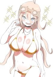 big_breasts bikini blush blush_lines blushing breasts dadadaeki00 danganronpa danganronpa_v3 golden_bikini huge_breasts iruma_miu looking_at_viewer sparkles swimsuit tight_clothing