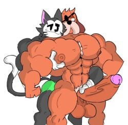 abs balls ballsack big_penis black_fur brawl_stars brown_fur canine cat_ears cat_tail cock colonel_ruffs colonel_ruffs_(brawl_stars) dick dog_tail eyepatch feline gatoconchamba gay gay_couple gloves hand_on_chest hand_on_penis huge_cock huge_pecs kit_(brawl_stars) large_penis pecs penis ruffs smug smug_face supercell testicles white_gloves
