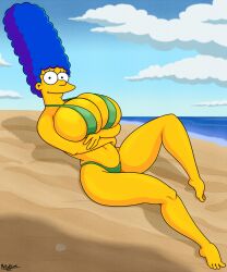 beach big_breasts blue_hair breasts female hair huge_breasts large_breasts looking_at_viewer marge_simpson the_simpsons