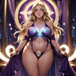 ai_generated blonde_hair blue_eyes glowing_eyes violet_clothing