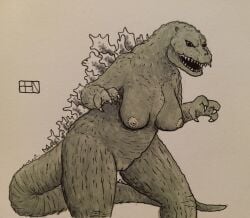 anthro benzoit breasts female genitals godzilla godzilla_(series) growling hi_res kaiju nipples non-mammal_breasts non-mammal_nipples nude open_mouth pussy rule_63 scalie sharp_teeth signature solo tail teeth toho traditional_media_(artwork)