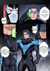 3boys ass ass_focus backsack bane batman batman_(series) big_butt bruce_wayne bulge bulge_through_clothing clothed clothing comic comic_page dc dc_comics dialogue dick_grayson english_text gay_anal hi_res male male/male male_only mask masked masked_male muscle_growth muscular muscular_male nightwing reiner55 text