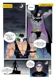 3boys bane batman batman_(series) big_muscles big_pecs bruce_wayne clothed clothing comic comic_page dc dc_comics defeated defeated_hero dialogue dick_grayson english_text gay hi_res male male/male male_only mask masked masked_male muscular muscular_male night night_sky nightwing pecs reiner55 text text_bubble