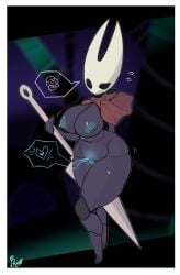 2025 2_horns absurd_res anthro areola arthropod bayonet_(artist) biped black_eyes blue_areola blue_nipples blush bodily_fluids clothing digital_media_(artwork) featureless_crotch featureless_hands female heart_symbol hi_res holding_melee_weapon holding_object holding_weapon hollow_knight horn hornet_(hollow_knight) melee_weapon motion_lines mouthless nail_(weapon) nipples noseless signature solo standing sweat sweatdrop team_cherry thick_thighs weapon white_head wide_hips