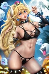 1girls ayyasap big_breasts blonde_hair blue_eyes boo_(mario) bowsette bra crown earrings female female_only horns jack-o'-lantern lingerie mario_(series) moon nintendo panties pumpkin spiked_collar super_mario_bros. tail thighhighs tongue_out