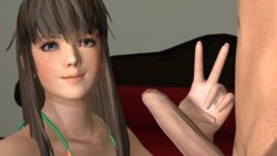 1boy 1girls 3d big_penis bikini brown_hair dead_or_alive female german german_female german_girl grey_eyes hitomi_(doa) male penis smile source_filmmaker tecmo theghettoworks v