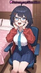 1girls ahe_gao ahoge ai_generated anime anime_style bangs bed bedroom black-framed_eyewear black_hair blouse blue_eyes blue_hair blue_necktie blue_skirt blush breasts bust busty cardigan chair collared_shirt door female female_focus female_only glasses hair_clips hair_ornament hairclip hands_on_own_cheeks hands_on_own_face heart heart-shaped_pupils hentai hi_res high_quality high_resolution highres indoors jacket large_breasts long_sleeves looking_at_viewer medium_breasts megane mila_(miside) miside mita_(miside) natsuyoru necktie office_chair on_bed on_chair open_cardigan open_clothes open_mouth pillow pleated_skirt red_cardigan red_jacket school_uniform shirt shirt_tucked_in short_hair sitting skirt smile solo solo_female swivel_chair symbol-shaped_pupils teeth tie tongue tongue_out upper_teeth_only voluptuous voluptuous_female white_shirt wooden_floor