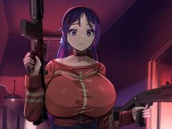 1girls artist_request blue_hair fully_clothed gun looking_at_viewer miside tagme weapon