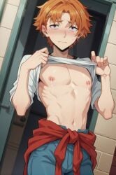 1boy ai_generated bangs blue_pants blush brown_eyes bungo_stray_dogs closed_mouth clothes_around_waist clothes_lift cowboy_shot denim embarrassed feminine_male hair_ornament hairclip jeans junichiro_tanizaki lifted_by_self looking_at_viewer male male_focus male_lactation male_only navel nipples orange_hair pants parted_bangs pectorals shirt shirt_lift short_hair solo solo_male sweat toned toned_male tuviejaentanga