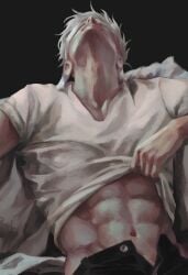 1boy abdomen abs gojou_satoru head_thrown_back jujutsu_kaisen lifting_shirt male male_focus satoru_gojo shirt_lift shirt_up solo solo_focus solo_male toned toned_body toned_male unbuttoned unbuttoned_pants undressing undressing_self white_hair