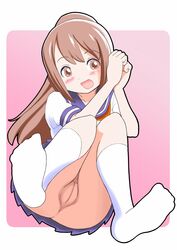 :d blush border brown_eyes brown_hair female full_body hands_together high_ponytail knees_together_feet_apart knees_up long_hair nipples no_panties nude open_mouth original outside_border pink_background pleated_skirt ponytail pussy qm school_uniform serafuku shirt simple_background sitting skirt smile socks solo tied_hair uncensored