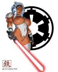 1girls ahsoka_tano ahsoka_tano_(imperial) alien alien_girl big_breasts breasts disney enemy_conversion female female_only half-dressed half_naked iron-dullahan lucasfilm pussy red_lightsaber sith sith_eyes solo star_wars tentacle_hair togruta yellow_eyes